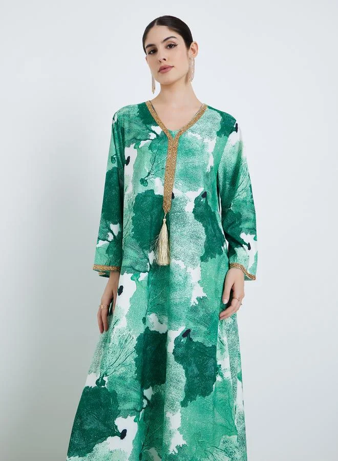 Amirah Women Green Printed Jalabiya with Tassel Detail